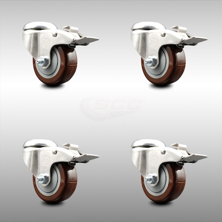 Service Caster 3.5 Inch 316SS Maroon Polyurethane Swivel Bolt Hole Caster Set with Lock Brake SCC-SS316BHTTL20S3514-PPUB-MRN-4